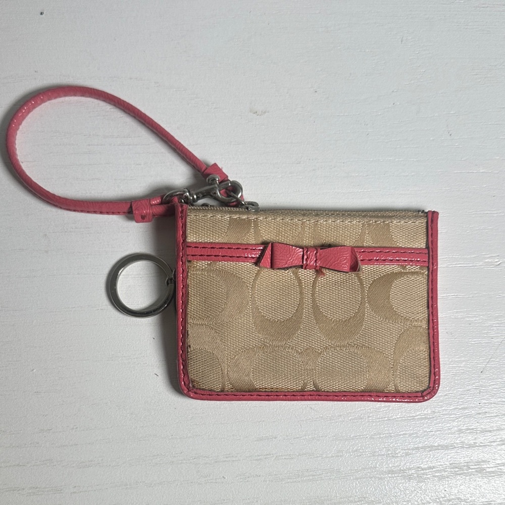 Coach Beige Monogram Card Case with Pink Trim and Bow
